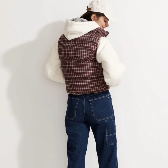 Madewell MWL Cropped Spices Raisin Burgundy Puffer Vest in Plaid, L - Picture 5 of 15